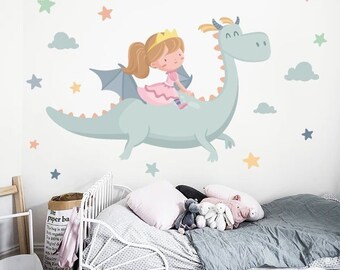 Little Princess and Dragon Nursery Wall Decal | Wall Sticker Murals | Baby girl Nursery Decals Set | Kids Wall Decal