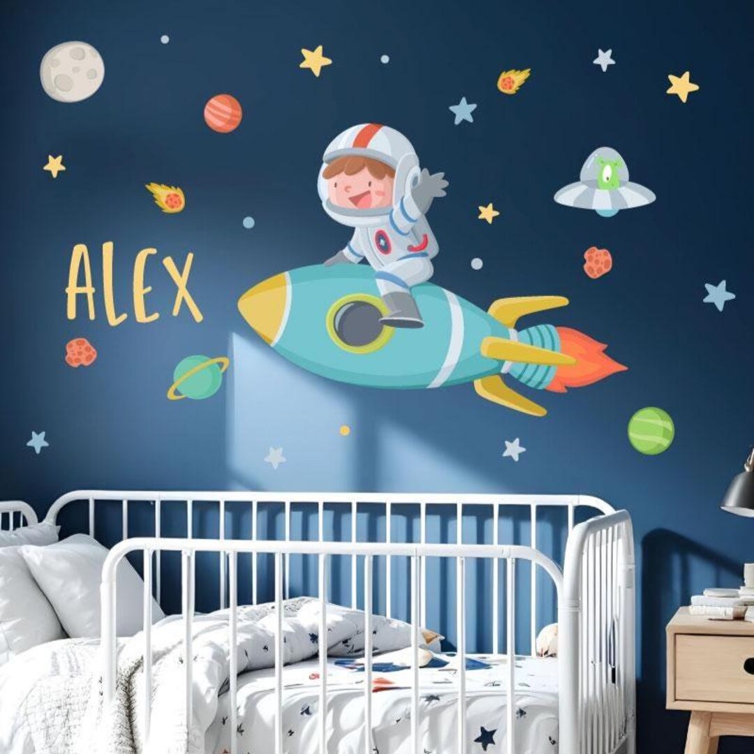 Space Wall Decal | Boy With Rocket Wall Sticker | Kids Room Decor ...