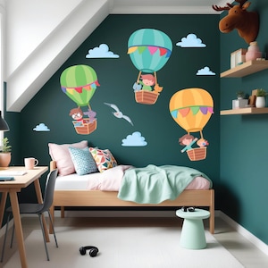 Muursticker ballon avontuur kinderkamer | Set kindermuurstickers voor babykamer | Kleurrijke muurschilderingen en decoratie