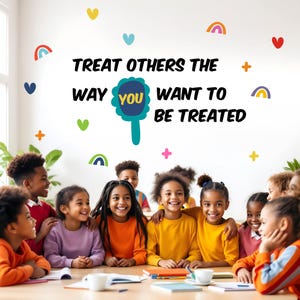 Może przedstawiać: Grupa dzieci uśmiechających się i obejmujących przy stole. Na ścianie za nimi znajdują się kolorowe kształty serc, tęczy i krzyży. Tekst na ścianie brzmi: "TRAKTUJ INNYCH TAK, JAK CHCESZ, ABY CIEBIE TRAKTOWANO."