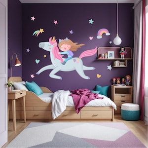 Girl with Unicorn Wall Decal | Unicorn Wall Sticker | Girls Nursery & Room Decor | Stars Stickers for Girls | Magical Sticker for Kids. Gift