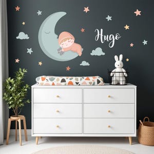 Personalized Baby on the Moon Nursery Wall Decal | Name Wall Sticker | Baby Room Decor | Moon & Stars Mural | Kids Wall Decals Set