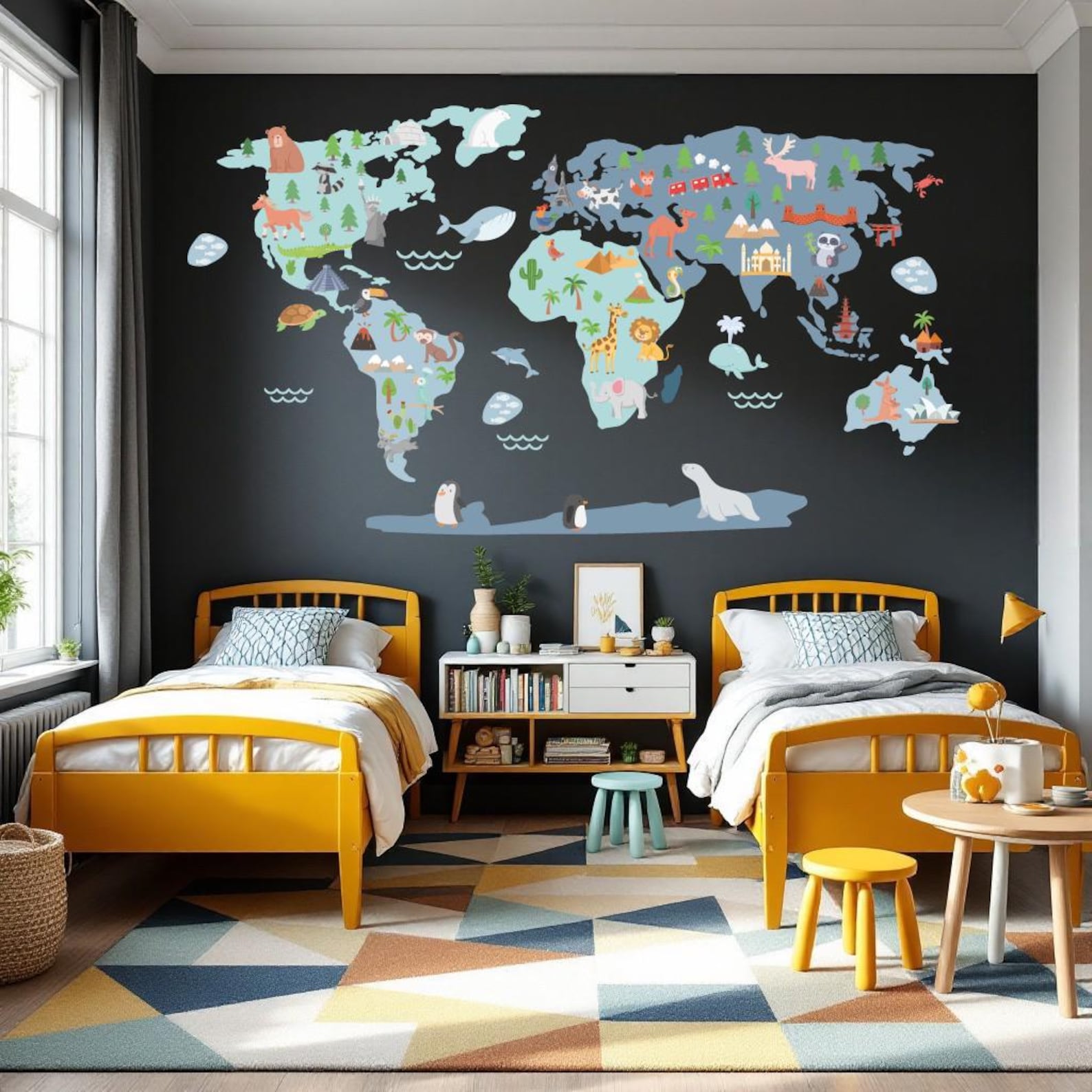 Hand-drawn Animal World Map Wall Sticker - Kids World Map Decal, Fun ...