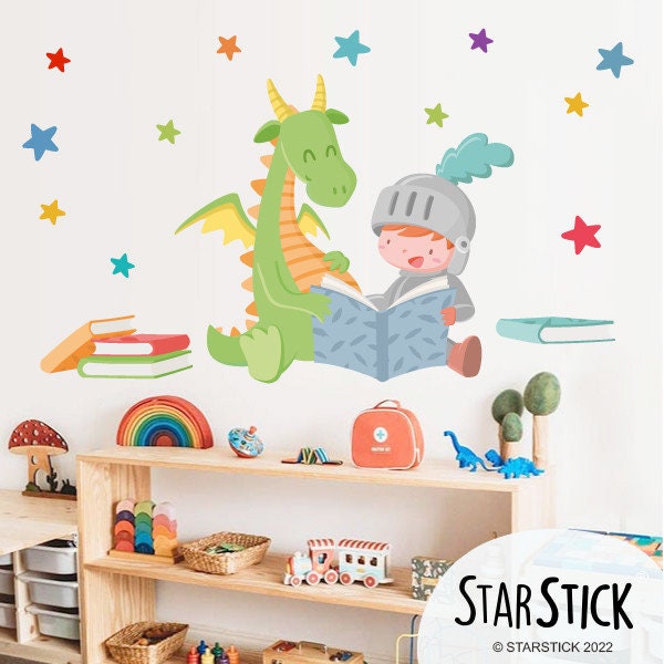 School child wall decal Dragon and knight reading -Educational Wall Stickers | Wall Stickers Educational | Classroom Decals