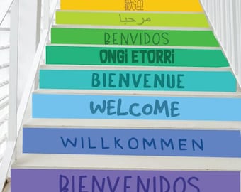 10 Treppen-Aufkleber Willkommen - Mehrsprachige Treppendekoration für Zuhause, Schule & Büro | Alle Sprachen Treppen Aufkleber