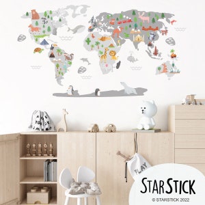 Weltkarte Happy World - Grey - WandtattoosWeltkarte Wandbild, Wandbild Weltkarte, Kinder Wandtattoo Weltkarte, Wandtattoo Weltkarte für Mädchen