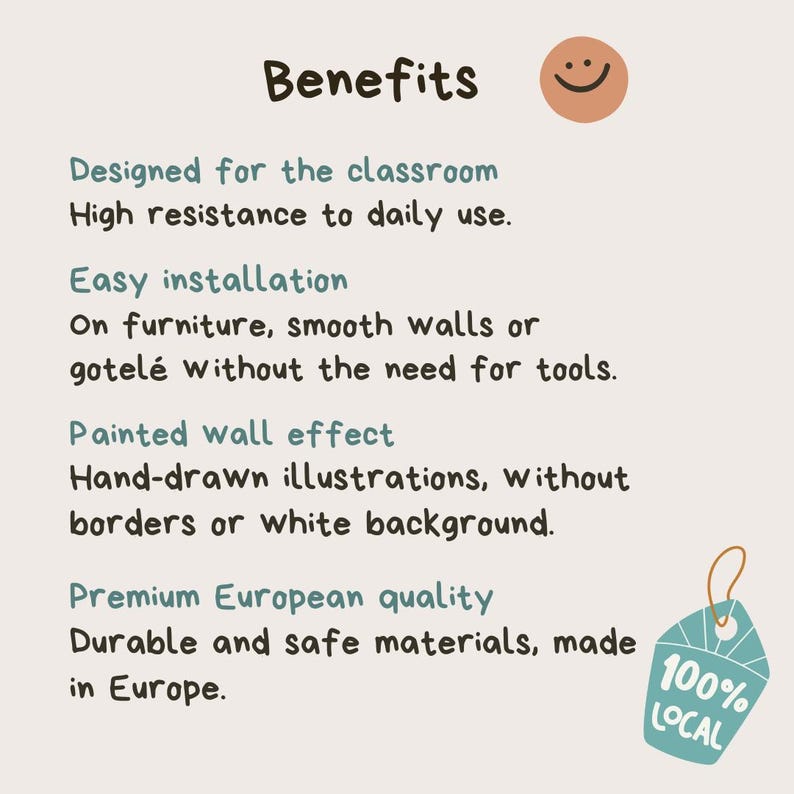 K&ouml;nnte beinhalten: Beige Grafik mit dem Wort "Benefits" und einem Smiley-Symbol. Der Text hebt Klassenzimmerdesign, hohe Best&auml;ndigkeit, einfache Installation, Wandeffekt und hochwertige europ&auml;ische Qualit&auml;t hervor. Ein Etikett lautet "100% Local."