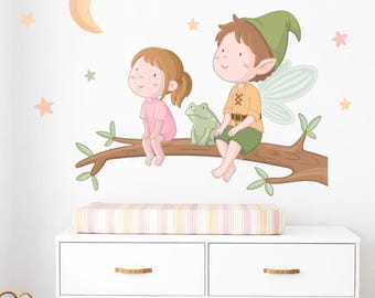 Elf and girl wall decals on tree branch with moon and stars for siblings bedroom