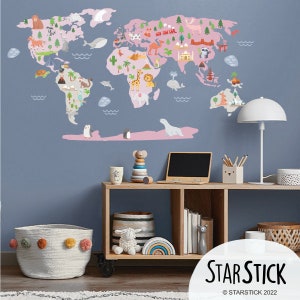 Weltkarte Happy World - Pink - WandtattoosWeltkarte Wandbild, Wandbild Weltkarte, Kinder Wandtattoo Weltkarte, Baby Wandtattoo