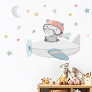 Teddy Bear on Plane Nursery Wall Decal | Wall Sticker | Murals | boy Nursery Decals Set | Kids Wall Decal
