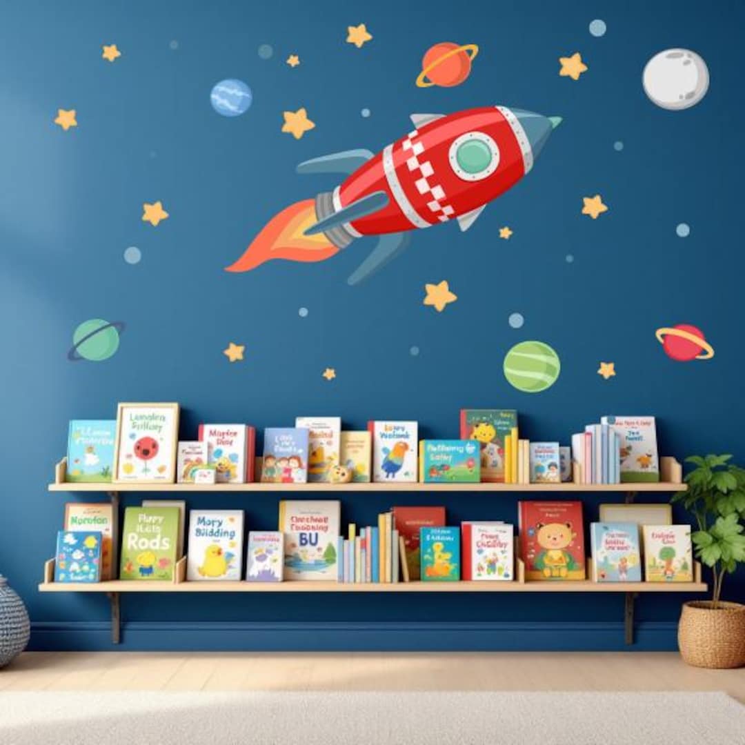 Rocket Wall Decal - Red Space Rocket for Kids, Outer Space Nursery ...