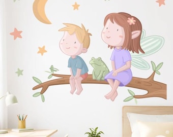 Fairy wall decals with brother on tree branch with moon and stars for siblings bedroom