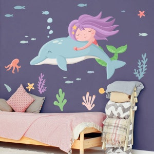 Mermaid & Dolphin Wall Decal for Girls – Baby Nursery Murals – Kids Room Sticker Set