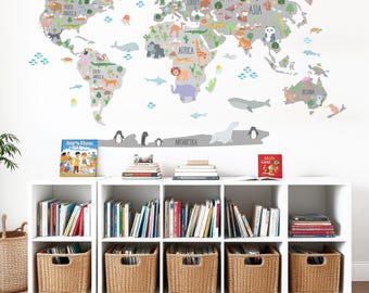 Animal World Map Decal, Map Decal, World Map Wall Mural, Children World Map Sticker, Nursery Wall Decal, Nursery Map Sticker