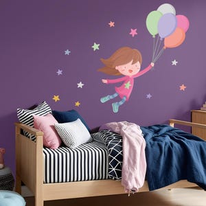 Sticker meisje met ballonnen – kindermuursticker voor meisjeskamer, kinderkamer of speelkamer – schattige en kleurrijke wanddecoratie