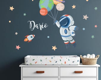 Adesivos de parede com tema de astronauta e planetas para quarto infantil | Adesivo de parede espacial | Murais para quarto de criança | Conjunto de adesivos para quarto de bebê | Decoração de parede espacial para crianças