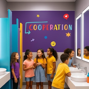 Może przedstawiać: Dzieci w kolorowej łazience. Na fioletowej ścianie widnieje napis "COOPERATION" w kolorowych literach. Dzieci mają na sobie żółte, różowe i fioletowe koszulki. Widoczne są lustra i umywalki.