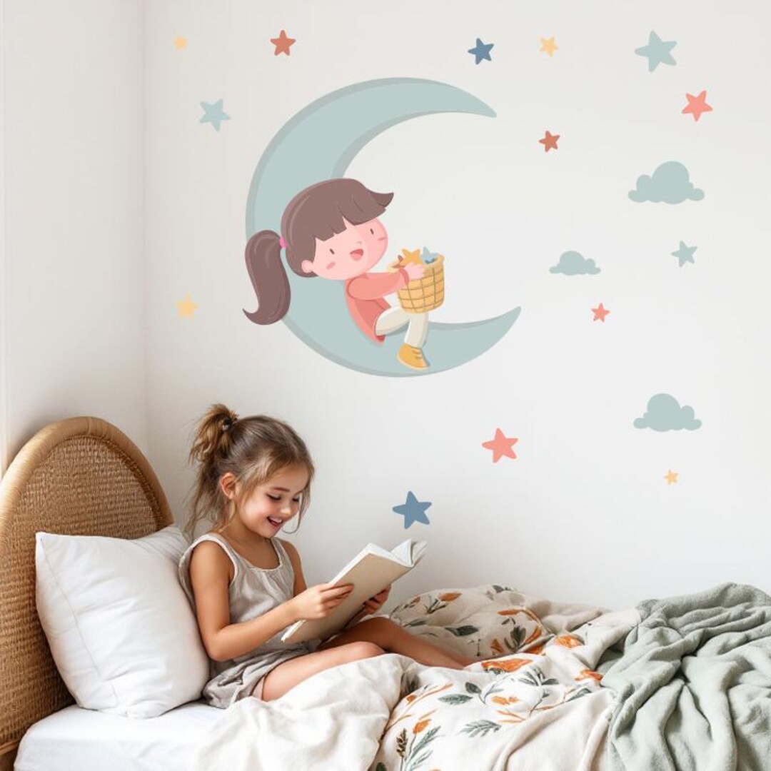 Girl on the Moon Wall Decal – Sweet Stars and Clouds Sticker for Baby ...