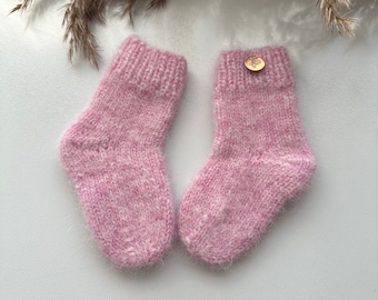 infant alpaca socks knitted, newborn girl pink first alpaca wool socks, warm winter babies socks, first babies socks