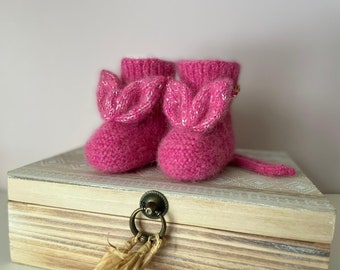 baby wool socks, 3-6 months bunny baby boots, warm alpaca silk wool infant socks, winter newborn footies.