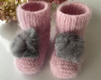 pink baby socks-0-3 months, handmade knitted warm alpaca wool natural fluffy baby girl booties