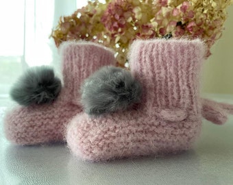 alpaca wool baby socks, warm infant socks-0-3 months, hand knitted natural fluffy baby girl boots pink