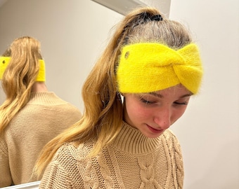 Angora wool headband yellow, women ear warmer, winter warm and fluffy headband yellow