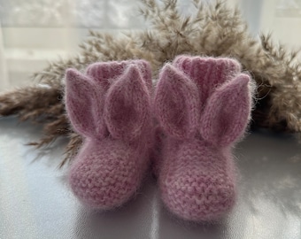 Baby knit socks, baby bunny boots, warm winter infant girl pink alpaca wool footies