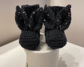 0-3 months knitted baby bunny booty, baby boy girl socks, warm black baby socks, warm baby boots, baby shower gift