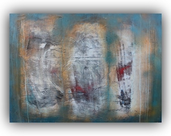 May include: Abstract painting with three vertical sections. The sections are painted in shades of white, grey, brown, and red on a teal background.