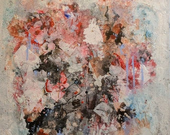 May include: Abstract painting with a textured background in shades of white, gray, black, red, pink, and blue. The painting features a variety of shapes and lines, creating a dynamic and energetic composition.