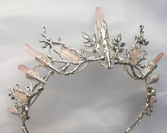 The INDIE ROSE Crown - Pale Pink Quartz and Leaf Crystal Crown Tiara - Bridal, Ritual, Headdress, Festival, Halloween, Prom