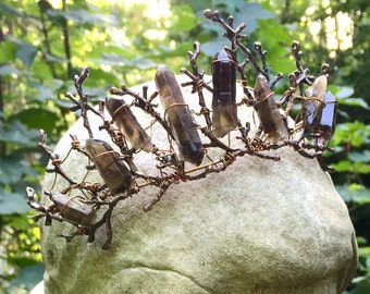 The ROBYN Crown - Smoky Quartz Raw Crystal & Branch Twig - Ethereal Natural Crown.