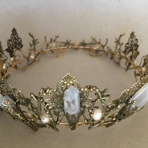 The EVANGELINE FULL Crown, Angel Aura Rainbow Quartz Crystal, Filigree, Tiara, Prom, Festival, Wedding, Bridal, Fairy, Branch, Leaf, Flower