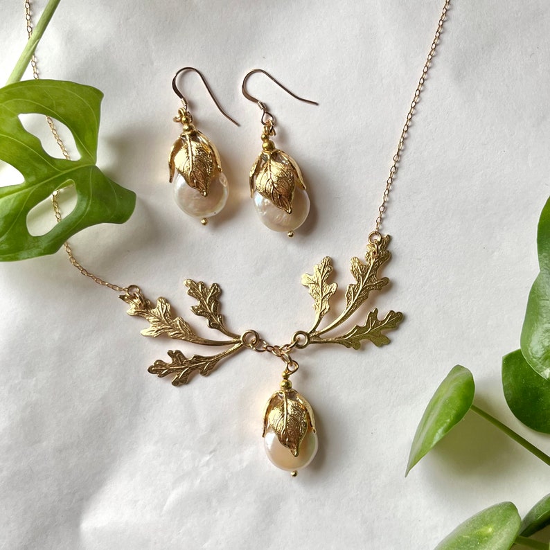 The AGATHA Earrings. Baroque Pearl and Gold Leaf Detail Drop Earrings. Bridal, Gift, Mother, 14ct Gold Fill image 5