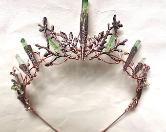 The VERDANT INDIE green Crystal quartz Crown – Natural Leaf Bridal Woodland Branch Tiara Handmade Fae Fantasy Tiara headpiece mossy