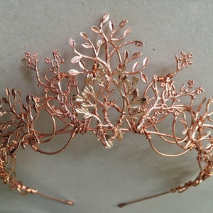 The VEDA Crown Rose Gold Organic Flower Leaf Tiara, Delicate Dainty Floral Leaves Prom Festival Bride Bridesmaid Pink image 6