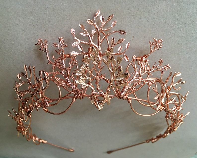 The VEDA Crown Rose Gold Organic Flower Leaf Tiara, Delicate Dainty Floral Leaves Prom Festival Bride Bridesmaid Pink image 6