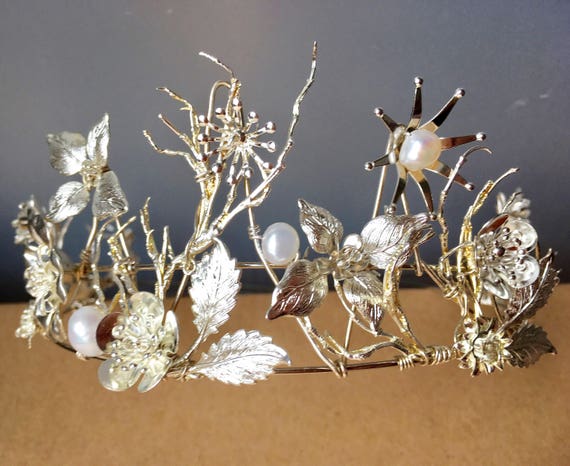 The OLWYN Pearl Flower Branch Crown Tiara, Silver Floral  display picture 3