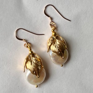 The AGATHA Earrings. Baroque Pearl and Gold Leaf Detail Drop Earrings. Bridal, Gift, Mother, 14ct Gold Fill image 4