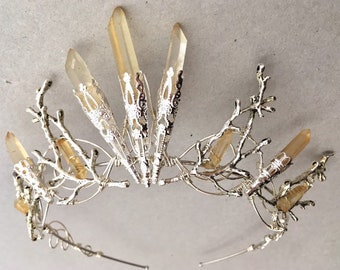 The CECILY Lemon Quartz Tiara Crown - Wedding, Game of Thrones, Bridal, Festival, Ritual, Handfasting, Yellow, Fall, Branch, Leaf, Natural