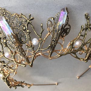 The EVANGELINE Crown, Angel Aura Rainbow Quartz Crystal, Filigree, Tiara, Prom, Festival, Wedding, Bridal, Fairy, Branch, Leaf, Flower image 7