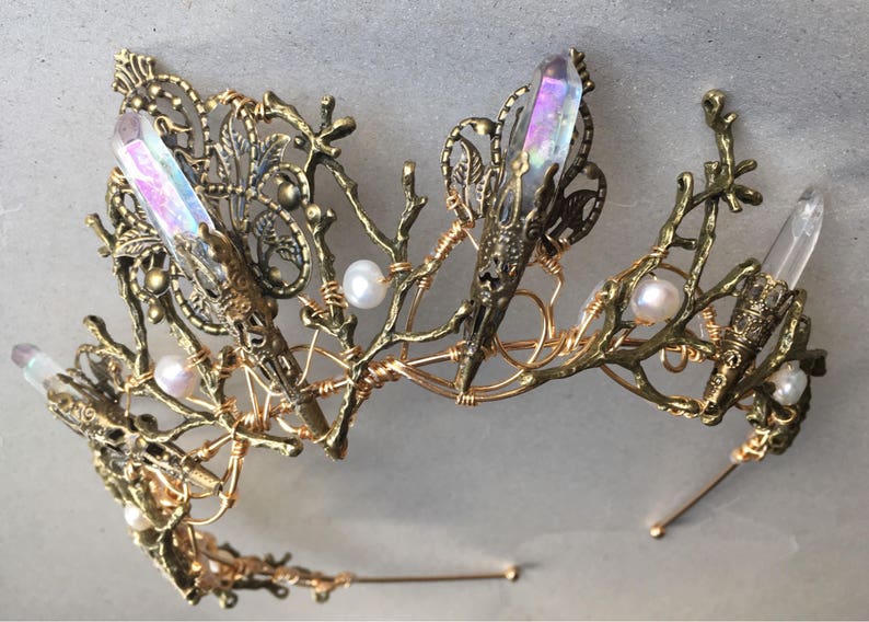 The EVANGELINE Crown, Angel Aura Rainbow Quartz Crystal, Filigree, Tiara, Prom, Festival, Wedding, Bridal, Fairy, Branch, Leaf, Flower image 7