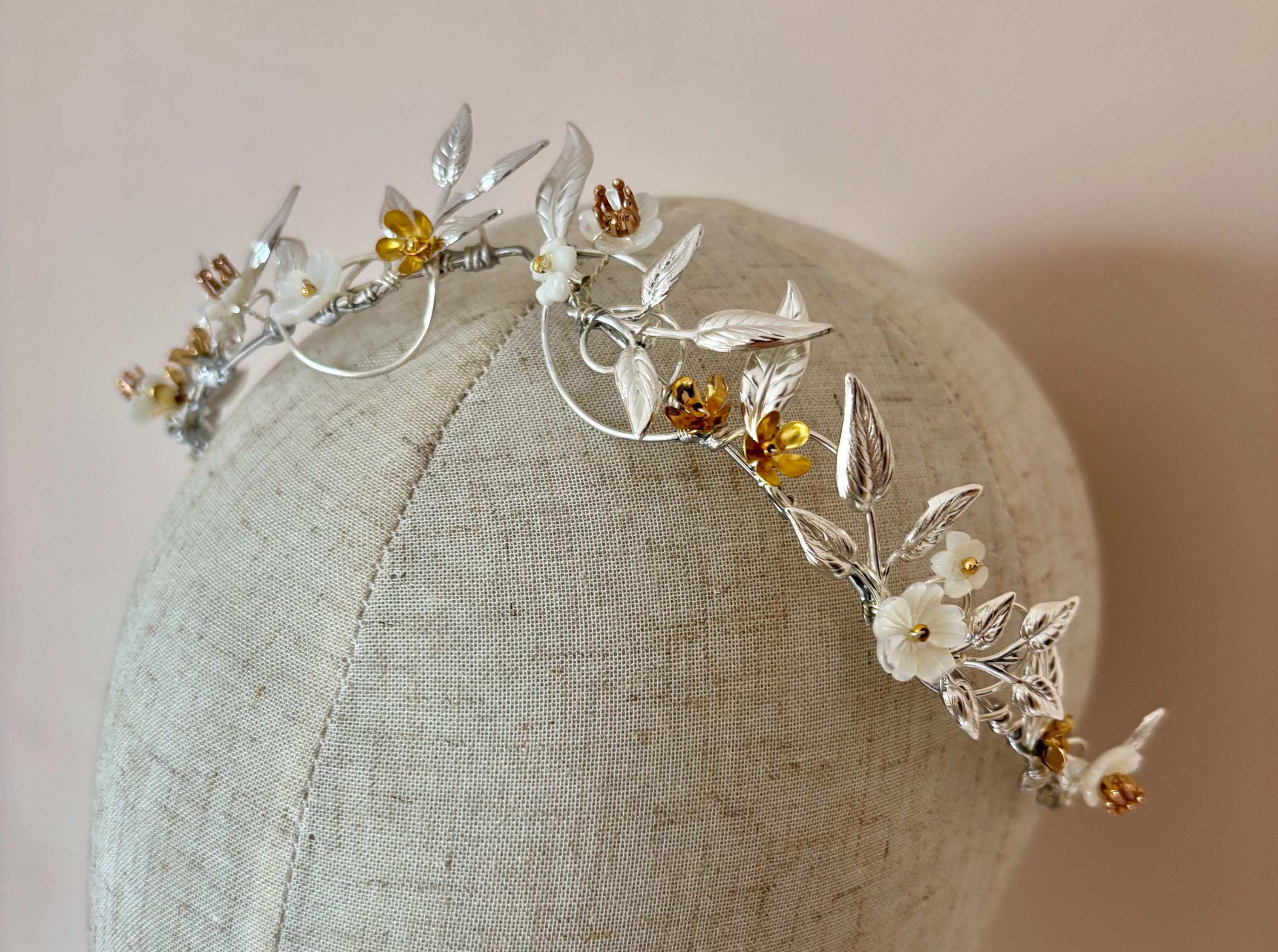 the LUCY Crown - Pevensea Narnia Inspired Silver Gold MOP Leaf Floral Circlet Tiara