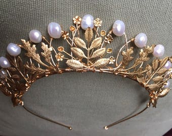 The AGATHA Crown, queen, tudor, renaissance, pearl, leaf, leaves, pearls, princess, tiara, prom, festival, game of thrones, gold, floral