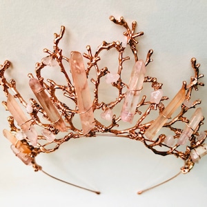 The ADA Crown Tiara Branch Twig Coral Diadem Pink Rose Gold Hematite Quartz Headpiece Mermaid Prom image 6