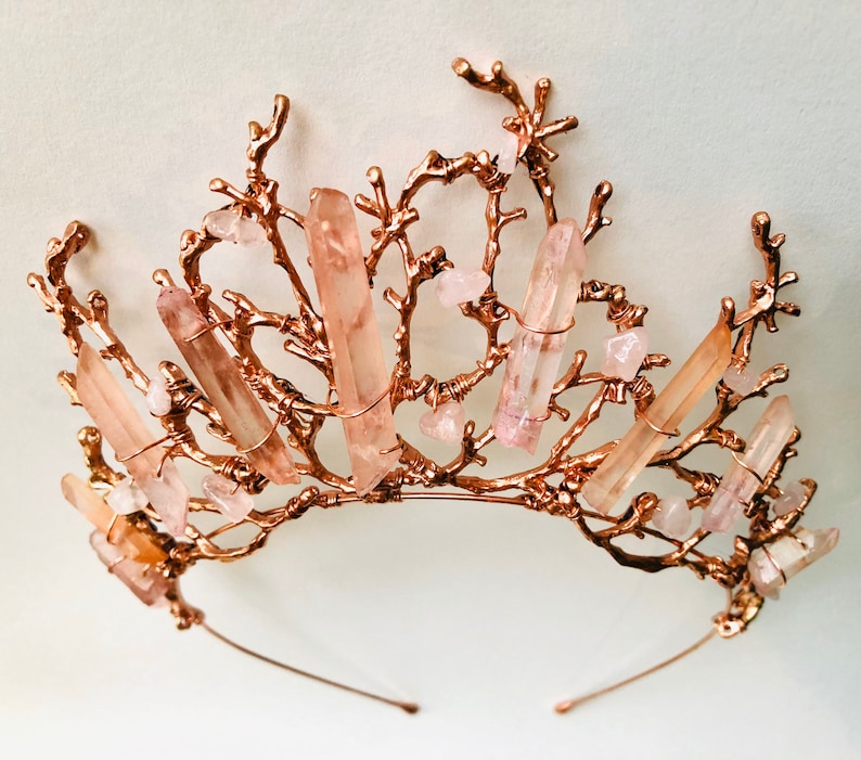 The ADA Crown Tiara Branch Twig Coral Diadem Pink Rose Gold Hematite Quartz Headpiece Mermaid Prom image 6