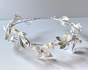 The VERITY Leaf and Pearl Hair Vine Headpiece Headband Bridal Prom Bridesmaid Boho Edwardian Gold Seed Pearls