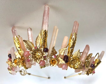 The AVERY Crystal Quartz Crown Tiara: Pink Hematite, Jasper, and Garnet Headpiece