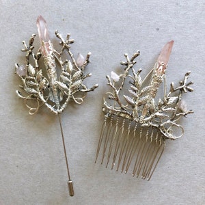 The INDIE Boutonniere Lapel Headscarf Pin Corsage. Rose quartz crystal branch gothic faerie prom bridesmaid groomsman